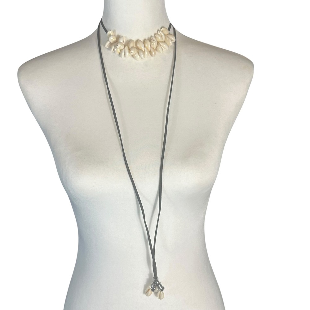 Free People Katie Leather Shell Choker Necklace Womens OS Black White Boho Tie - Picture 2 of 5